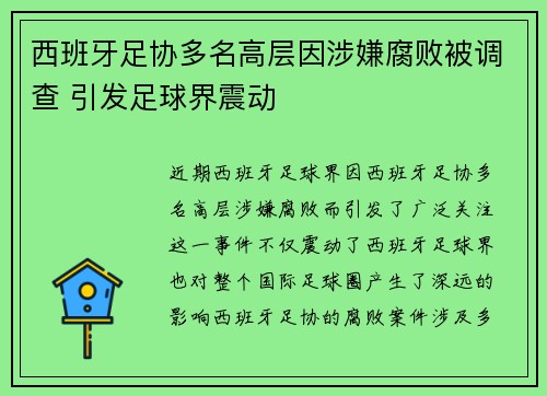 西班牙足协多名高层因涉嫌腐败被调查 引发足球界震动